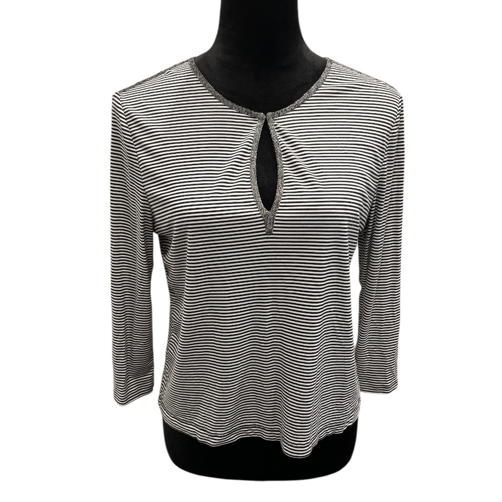 St. John Black/White Striped Keyhole Neck 3/4 Sleeve Top S